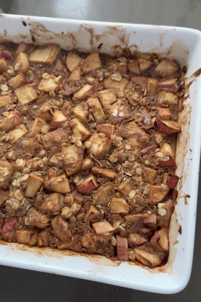 Healthy nut-free apple crumble fresh out of the oven.