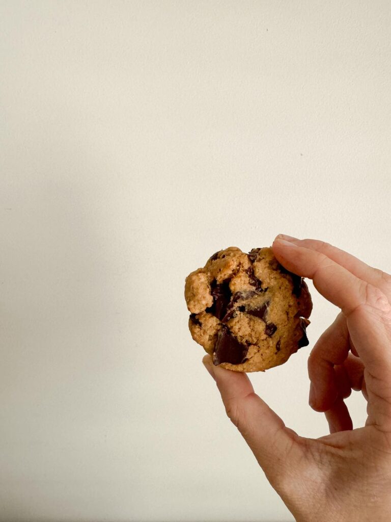 One of the selicious eggless choc chunk cookies freshly out of the oven.