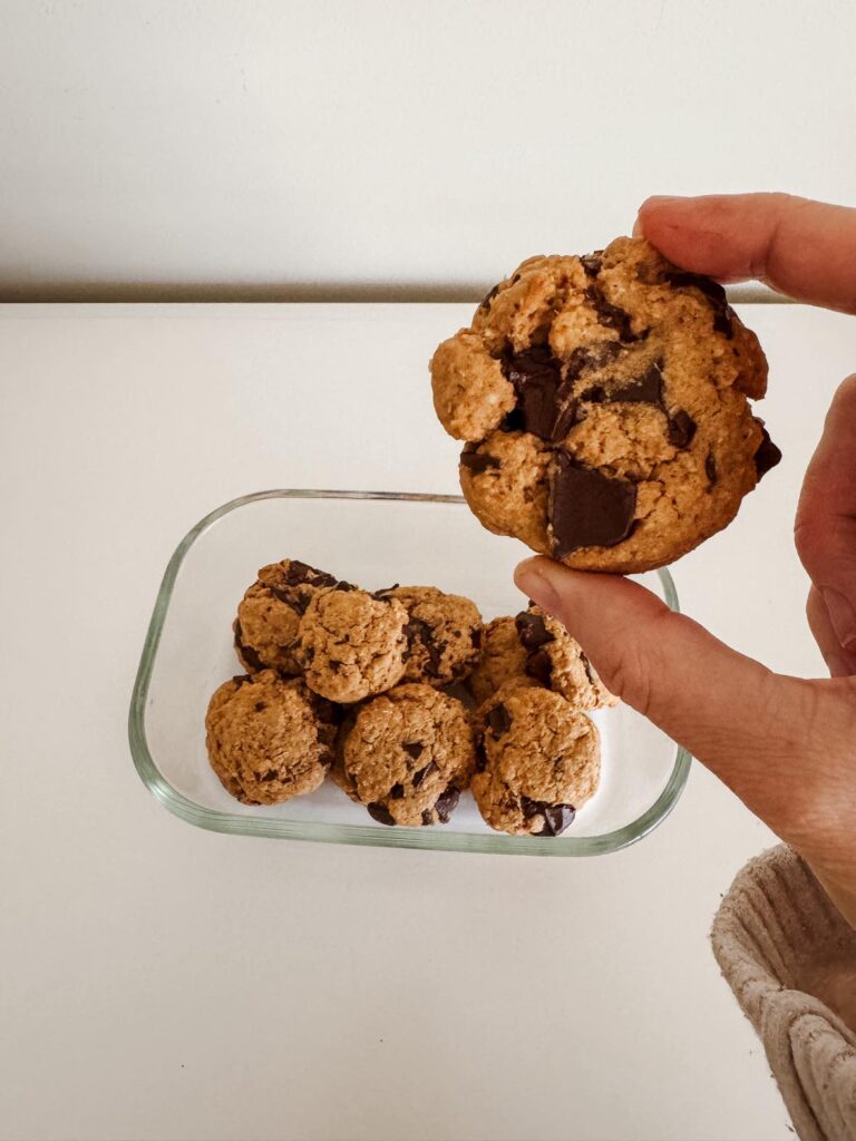 Delicious eggless choc chunk cookies straight out of the oven.