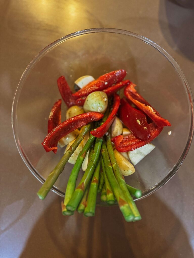 Mediterranean Chicken Tray Bake marinaded vegetables